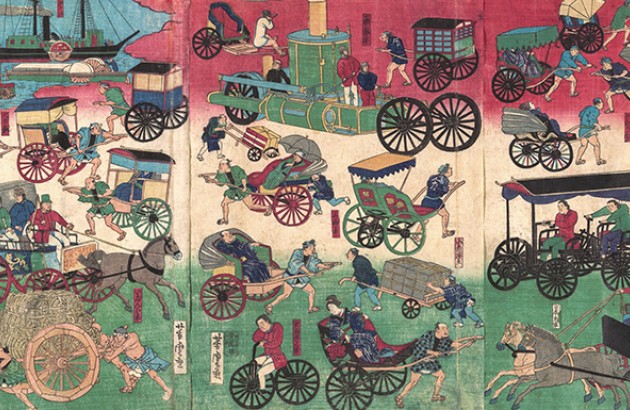 نقاشی: وسایل نقلیه در خیابان های توکیو (۱۸۷۰) اثر اوتاگاوا یوشیتوری. از موزۀ هنر متروپولیتن ، نیویورک