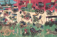 نقاشی: وسایل نقلیه در خیابان های توکیو (۱۸۷۰) اثر اوتاگاوا یوشیتوری. از موزۀ هنر متروپولیتن ، نیویورک